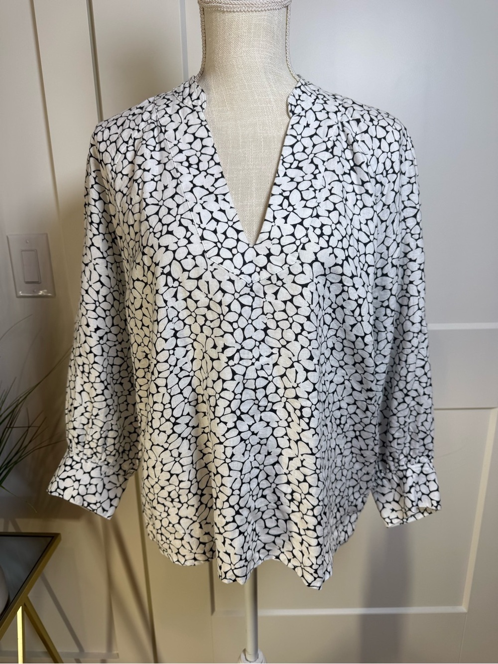 Joie 100% Linen Floral Print Popover Blouse White Black Size Small